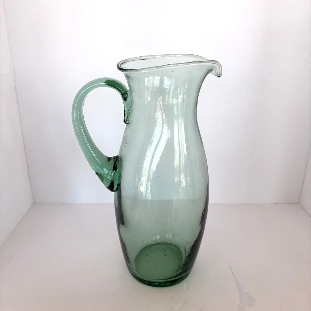 Water Pitcher Carafe with Handle Art Glass Hand Blown Jug Bubbles Green- VTG